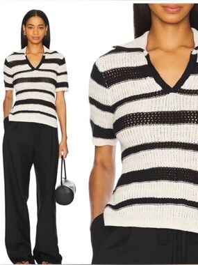 Sanctuary Black & White Stripe Cotton Polo Sweater